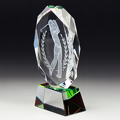 SS-1 ゴルフ クリスタルスポーツトロフィー 名入れ記念品 オリジナル 木製の飾り台付 綿の実工房